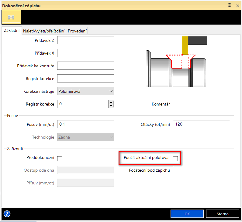 Cyklus Dokončit zápich v EDGECAMu 2020.1 nově respektuje aktuální polotovar a předchází tak případnému ulomení zapichovacího nože nedostatečným odjetím v ose X. Dokončení zápichu
