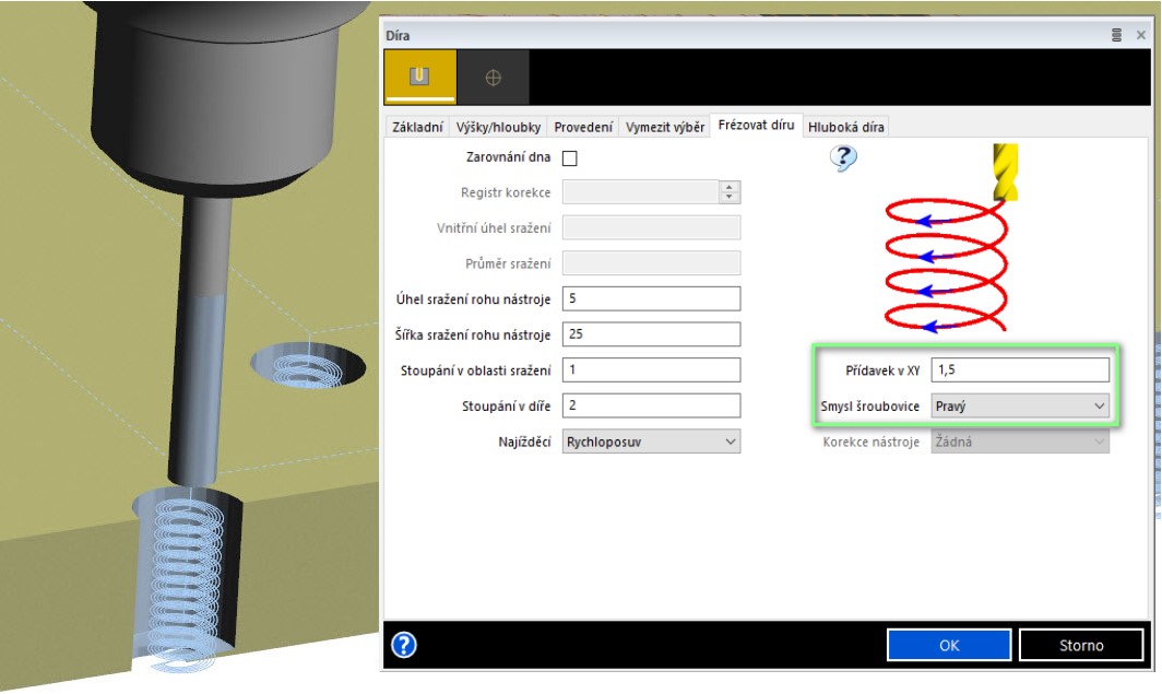 Nove nastaveni obrabeni der po spirale s moznosti ofsetu XY, coz umozni kontrolovat finalni povrch diry i opotrebeni nastroje. Nove nastaveni obrabeni der po spirale s moznosti ofsetu XY, coz umozni kontrolovat finalni povrch diry i opotrebeni nastroje.